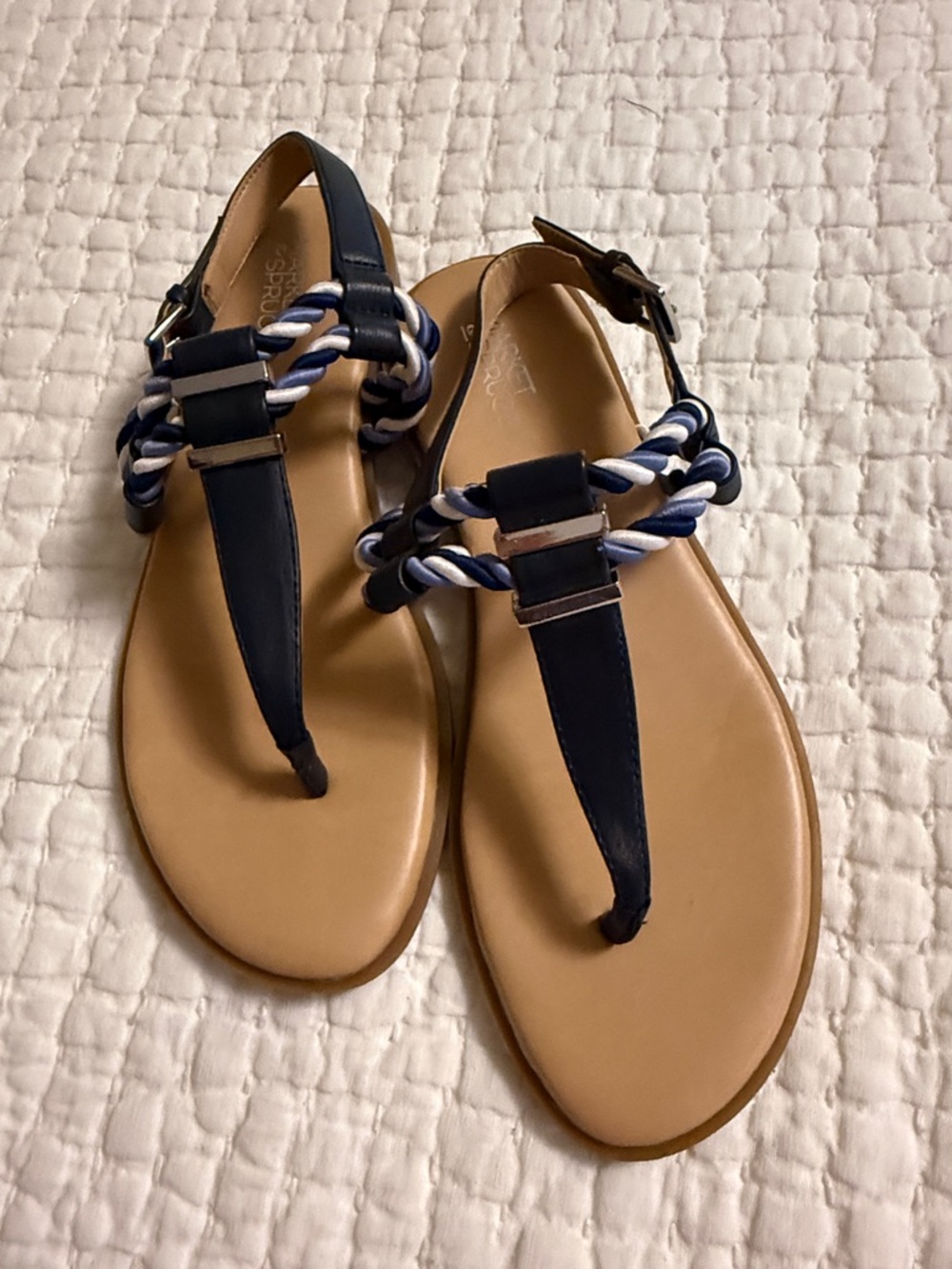 Market & Spruce Navy Braided T‑Strap Sandals with Tan Footbed
